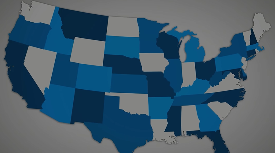 Map of the updated State with each state being a different color or white, blue, or navy